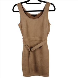Haute Monde Tan Faux Suede Scoop Neckline Sleeveless Belted Mini Shift Dress